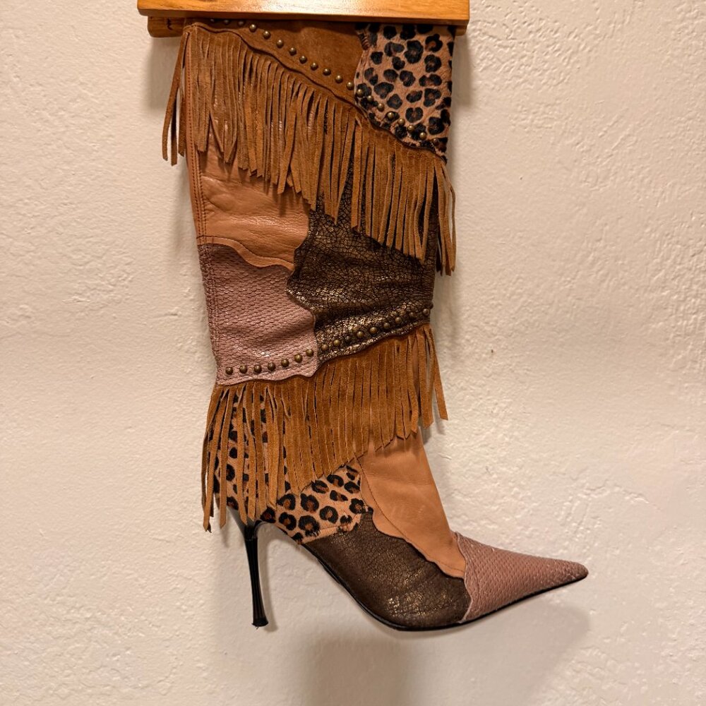 El Dante's Leopard Fringe Boots Vintage Rare Western Chic Mob Wife Aesthetic 39